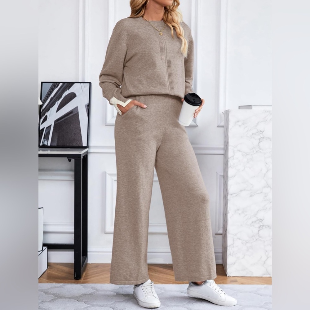 SuperPrity 2 Piece Knit Pullover Tops High Waist Wide Leg Pants Lounge Sets|NWT